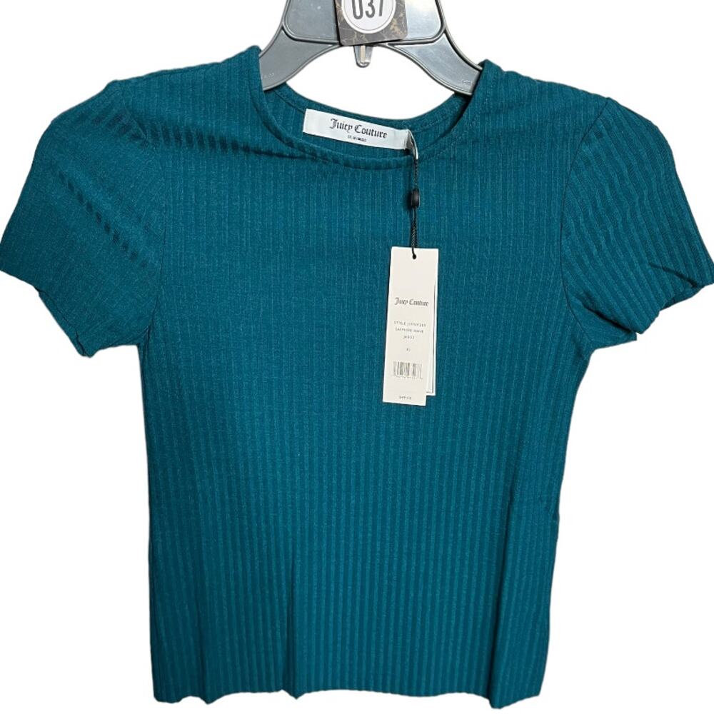 Juicy Couture teal ribbed knit cropped tee raw hem XS NWT